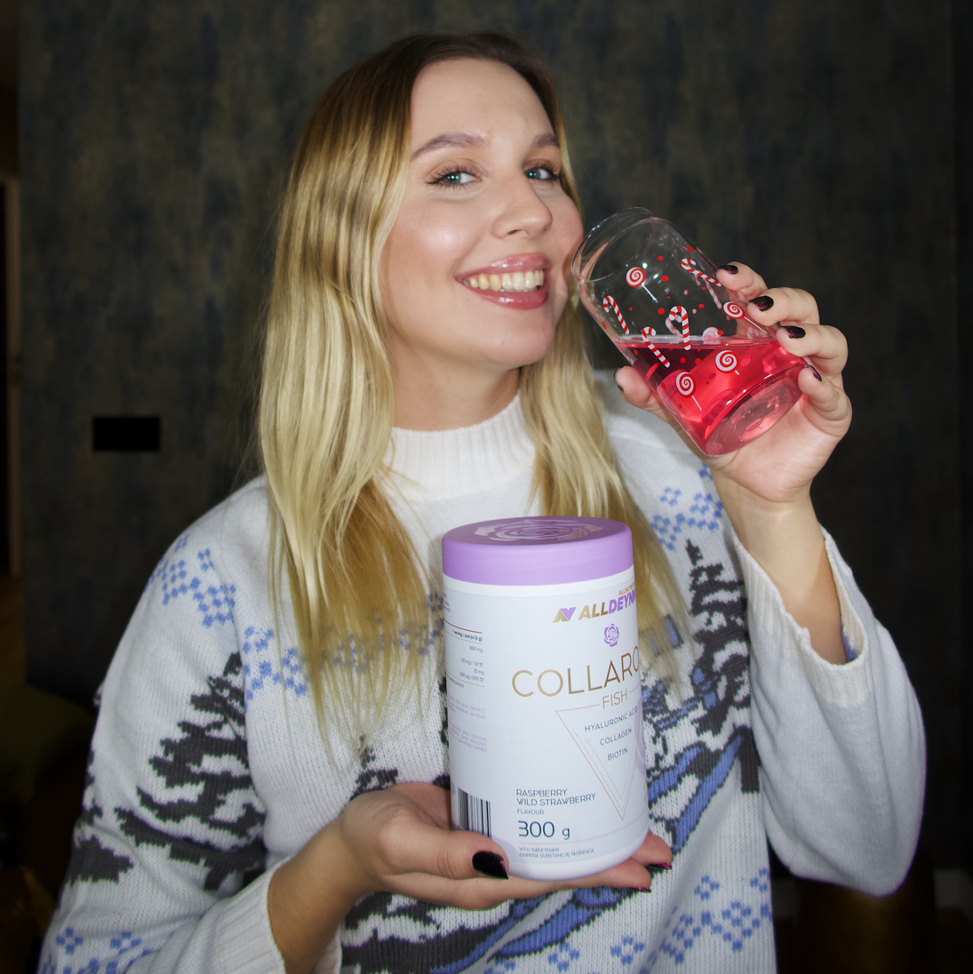 ugc creator holding and drinking a product with collagen 